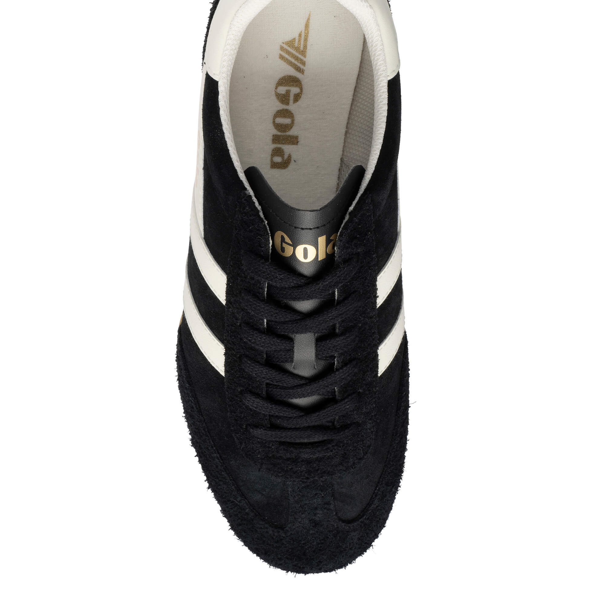 Black Gola trainer with white stripes and gold branding