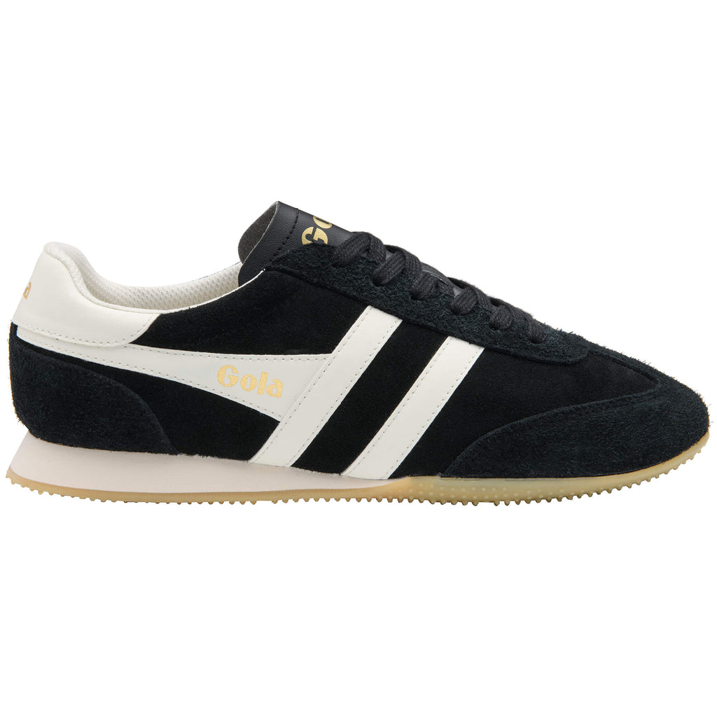 Black Gola Harrier trainers with white stripes and a cream sole