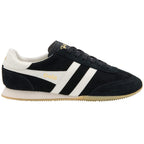 Black Gola Harrier trainers with white stripes and a cream sole