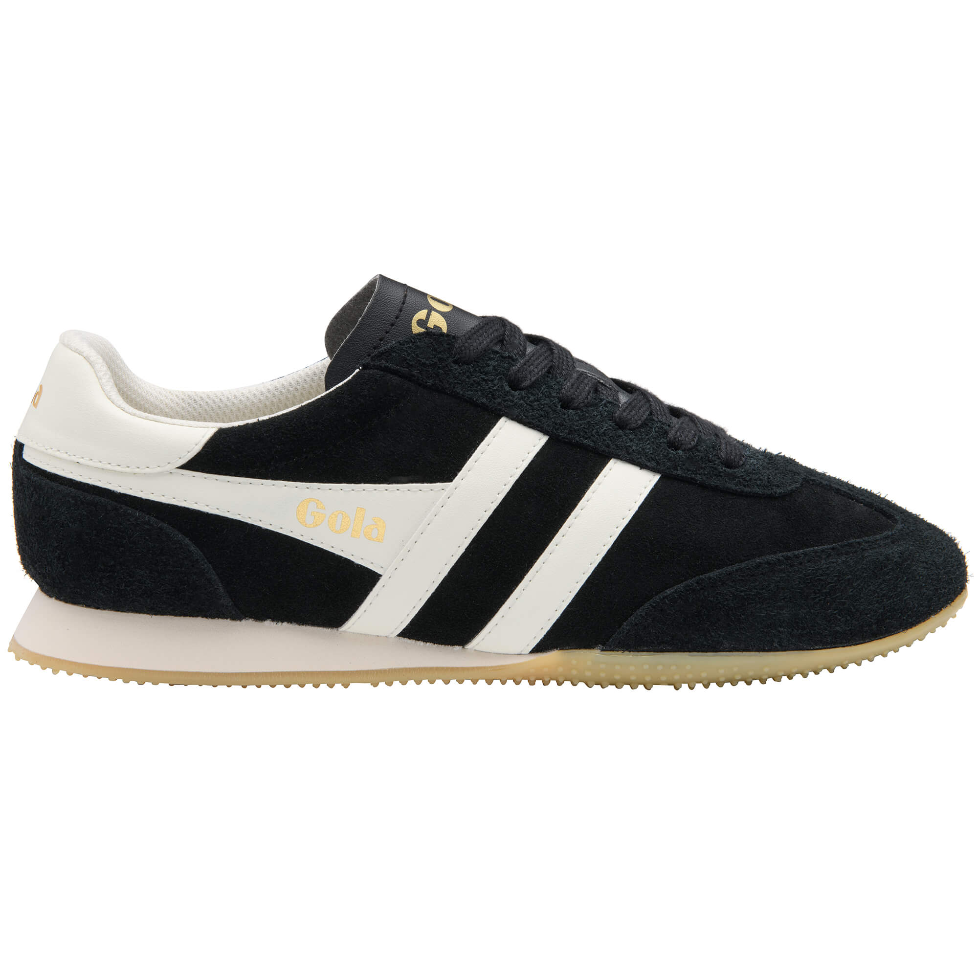 Black Gola Harrier trainers with white stripes and a cream sole
