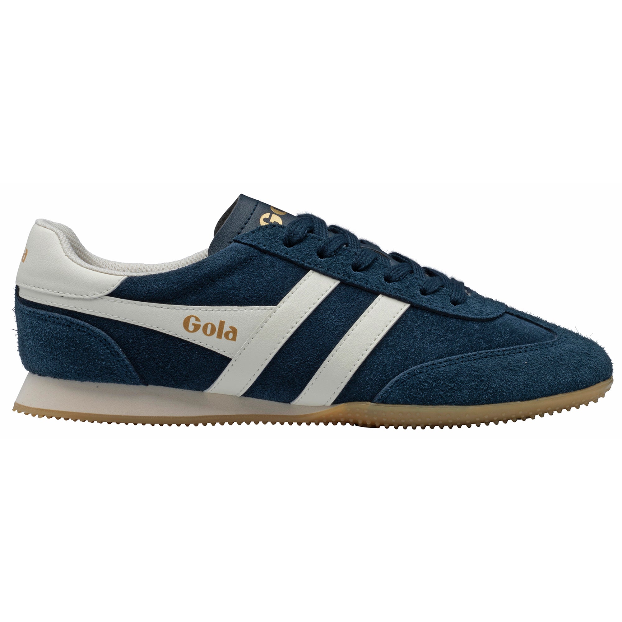 Navy blue suede Gola trainer with white side stripes and gum sole