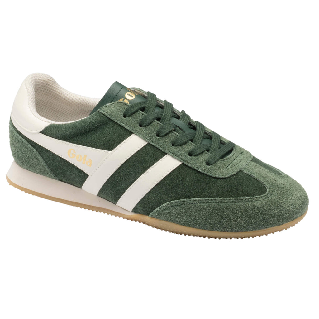 Gola Harrier suede trainers in dark green with white stripes and gold branding