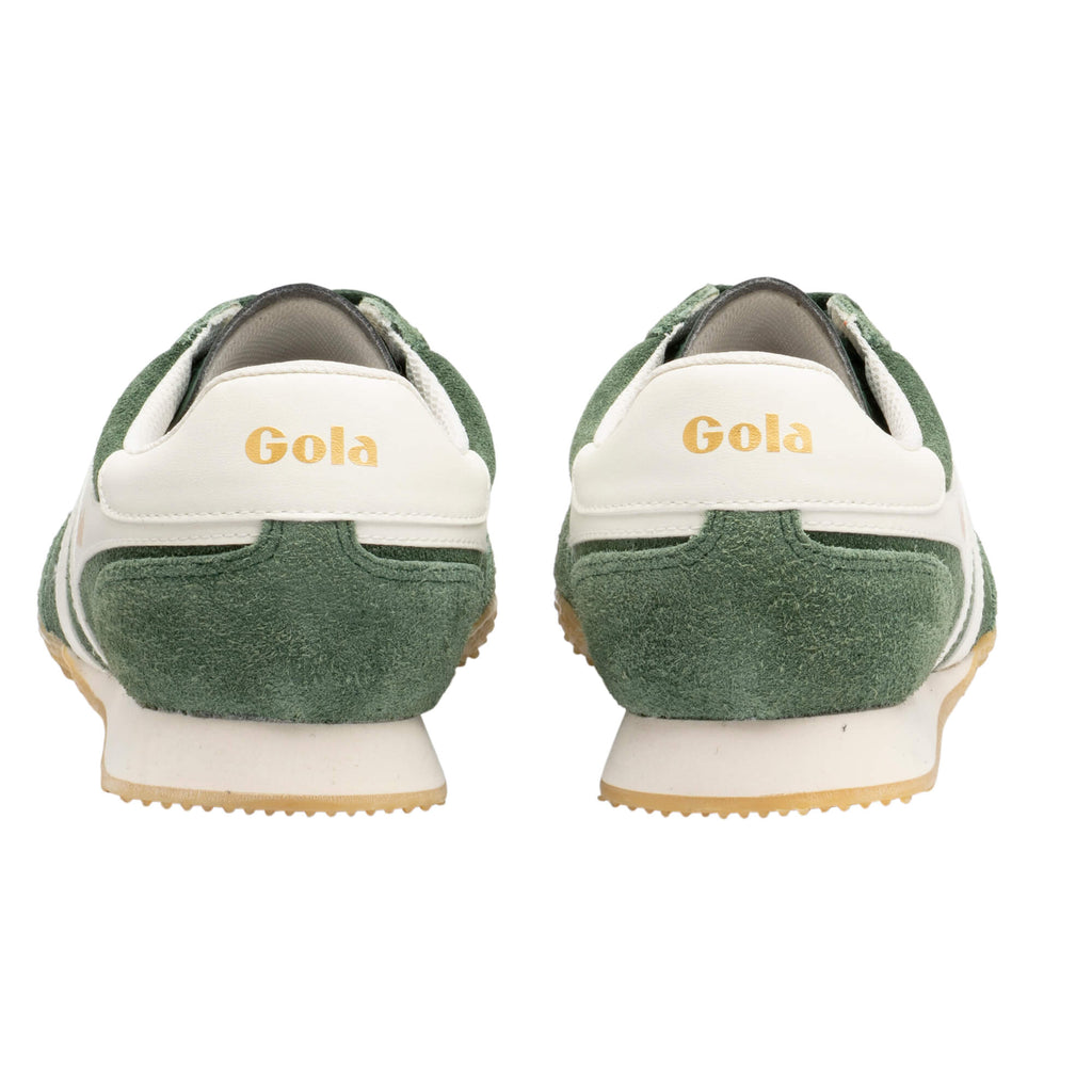 Pair of Gola trainers, green suede with white trim and gold Gola branding on the heel