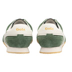 Pair of Gola trainers, green suede with white trim and gold Gola branding on the heel