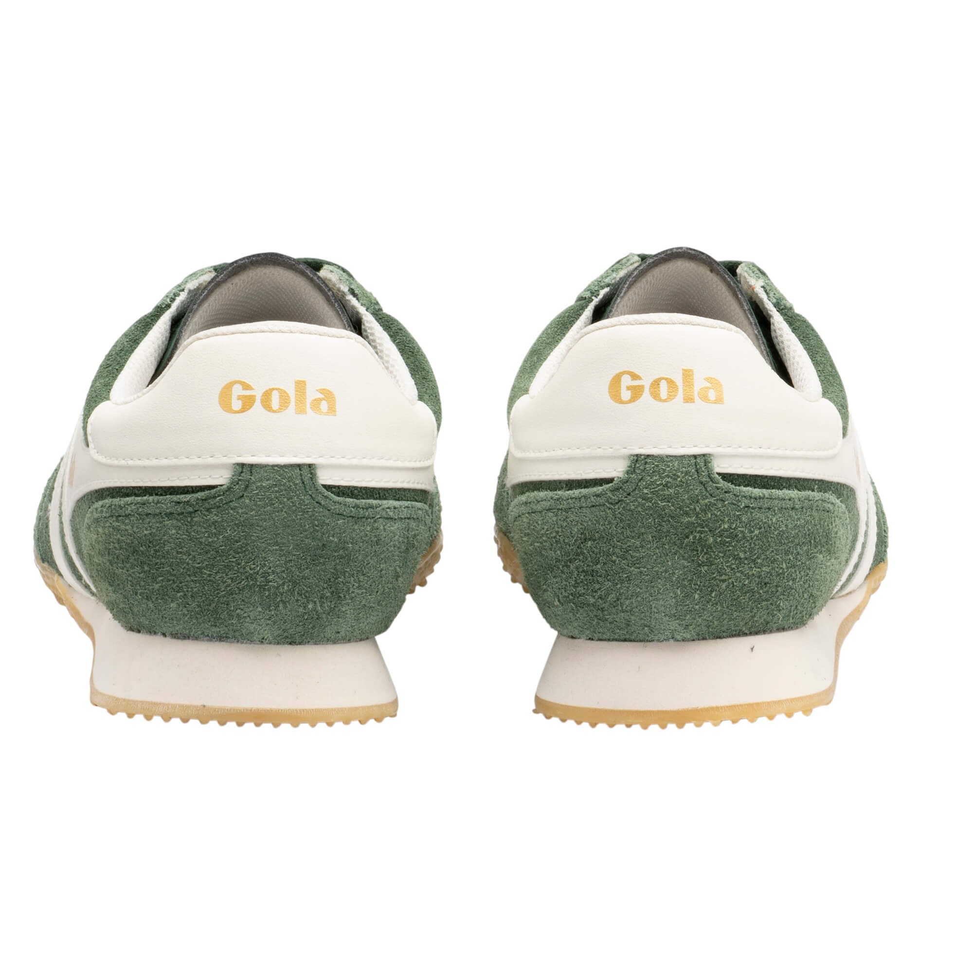Pair of Gola trainers, green suede with white trim and gold Gola branding on the heel
