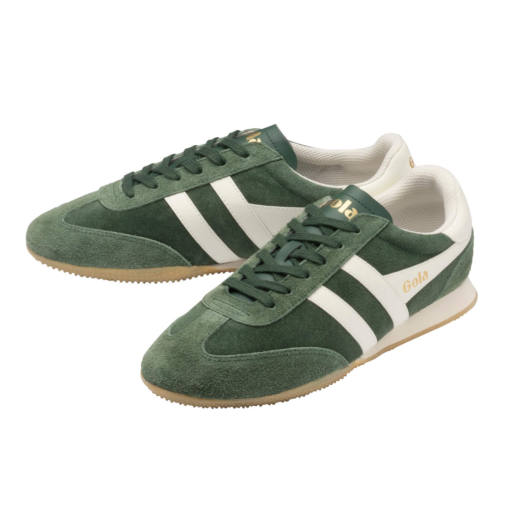 Pair of Gola Harrier trainers in dark green suede with white stripes and gum sole