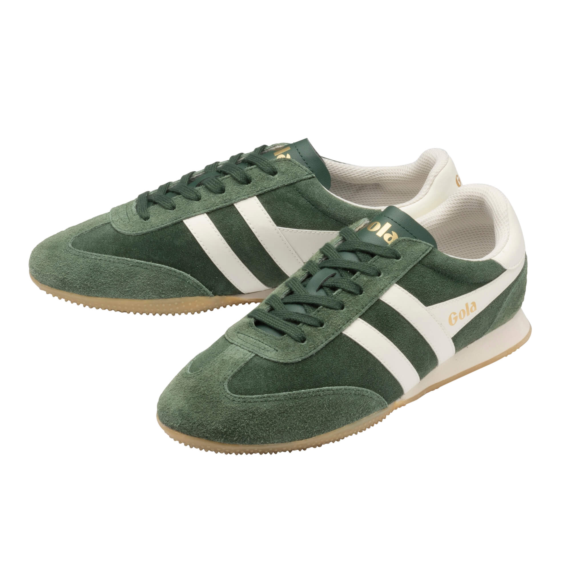 Pair of Gola Harrier trainers in dark green suede with white stripes and gum sole