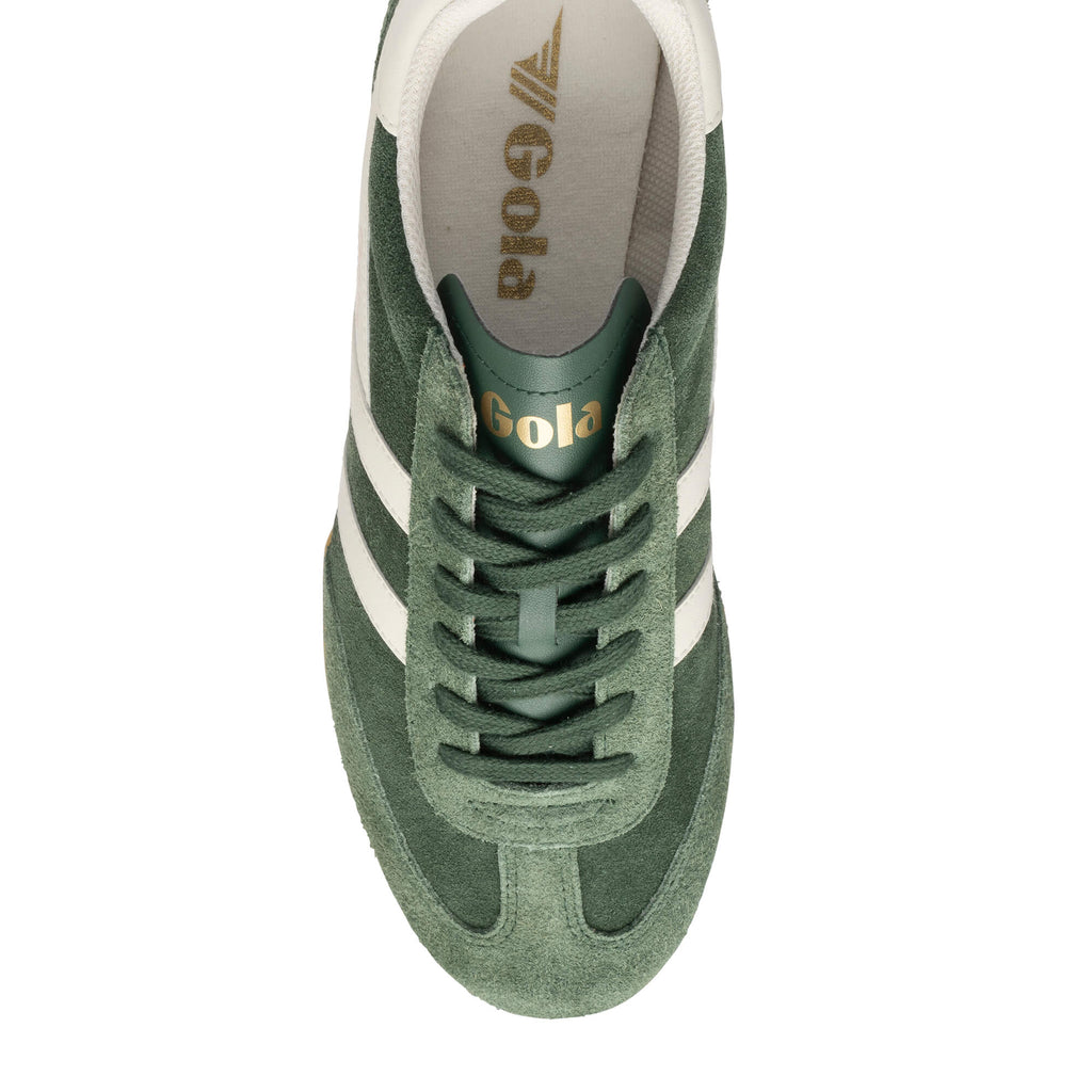 Top-down view of a green Gola trainer with white stripes and laces