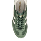Top-down view of a green Gola trainer with white stripes and laces