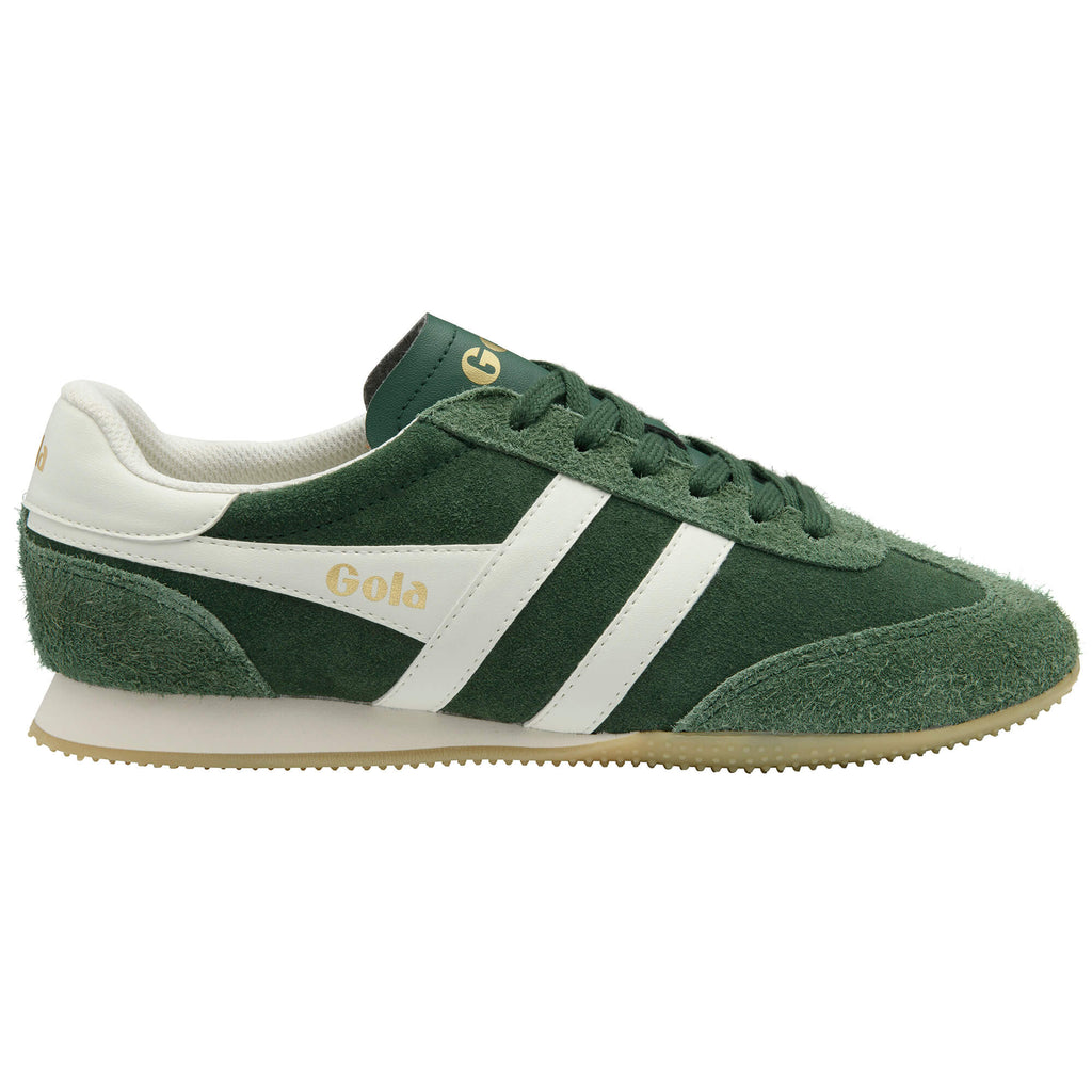 Gola Harrier suede trainers in green with white stripes and gold branding