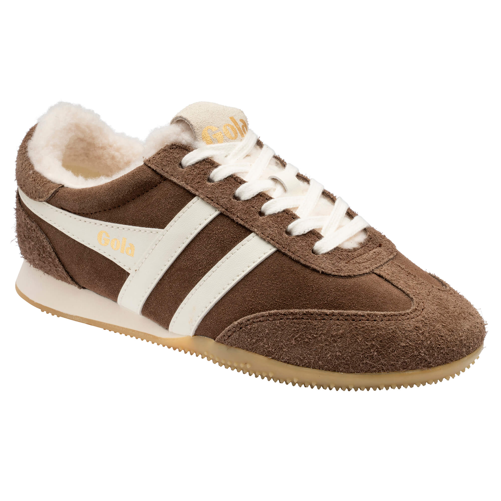 Brown suede Gola trainer with cream fleece lining and white stripes