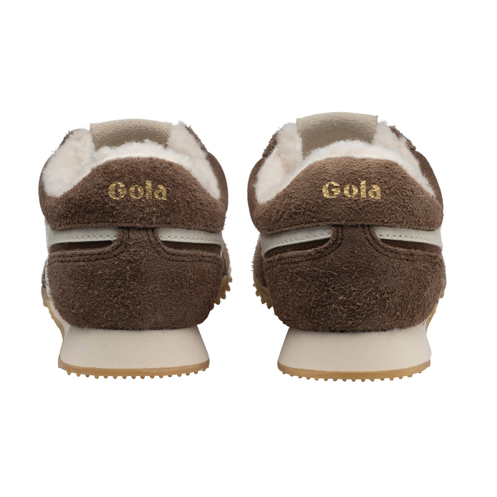 Rear view of two brown Gola trainers with cream trim and white soles