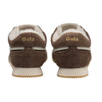Rear view of two brown Gola trainers with cream trim and white soles