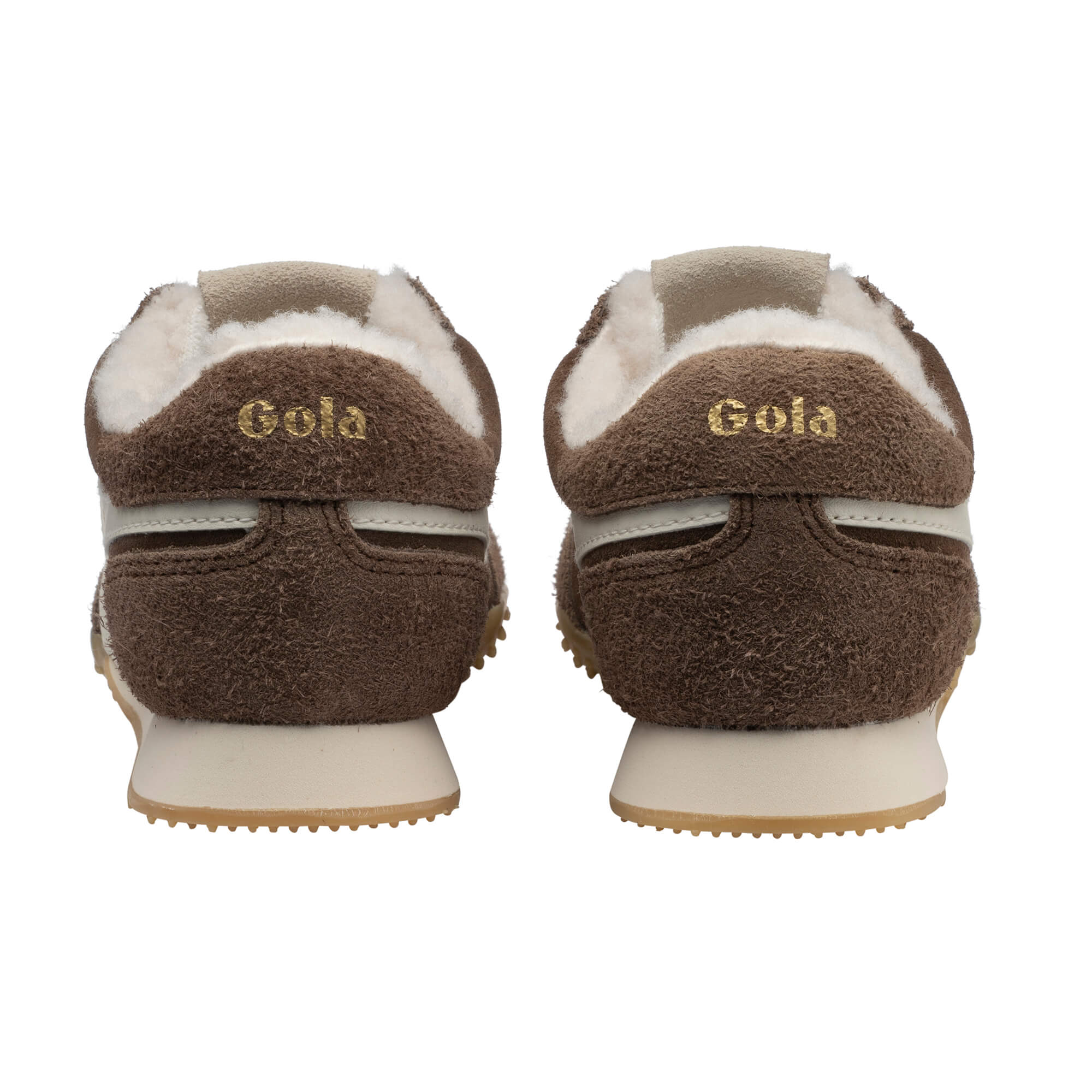Rear view of two brown Gola trainers with cream trim and white soles