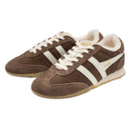 Pair of Gola Harrier trainers in brown suede with cream stripes and faux sheepskin lining