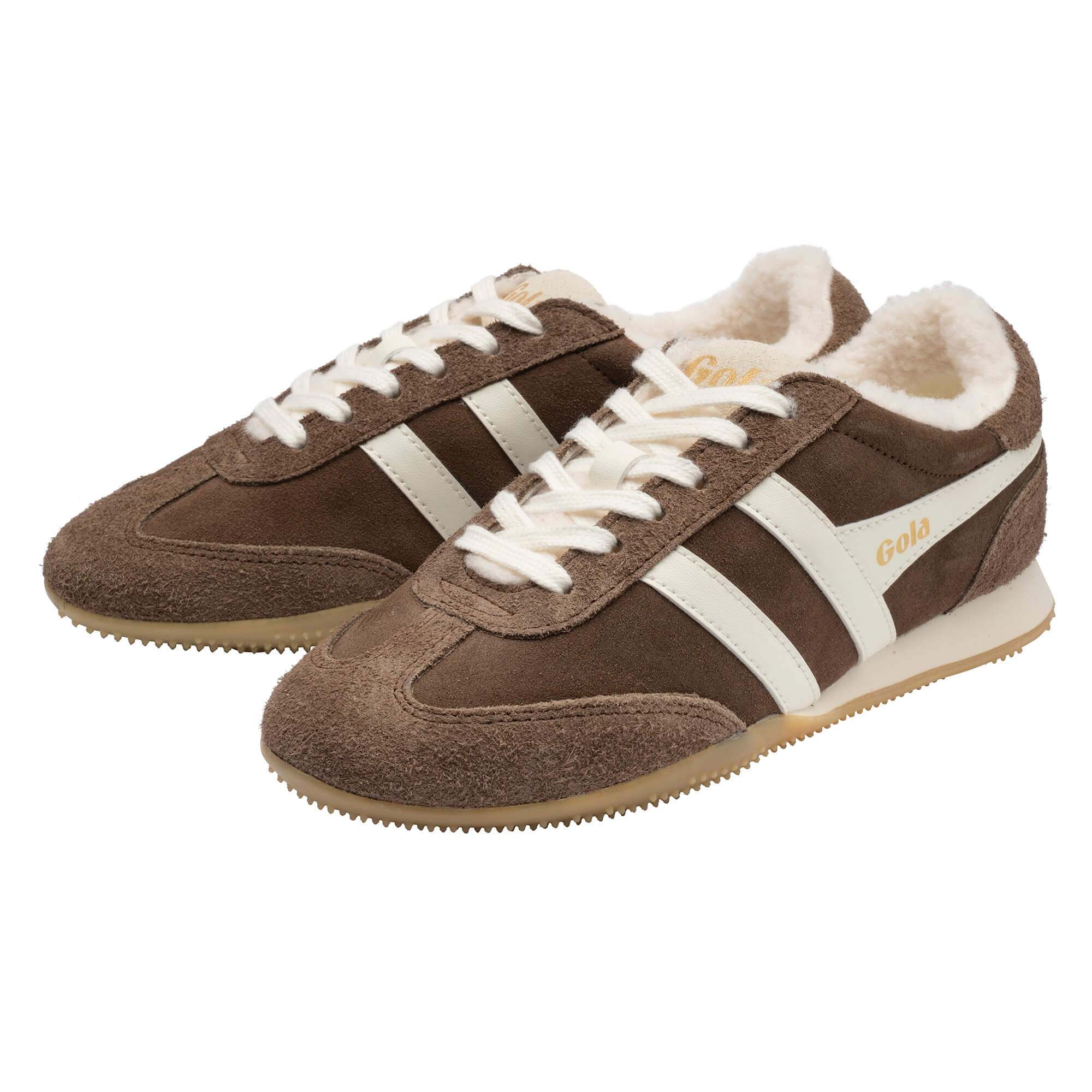 Pair of Gola Harrier trainers in brown suede with cream stripes and faux sheepskin lining