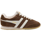 Gola women's trainer in brown suede with white stripes and a cream fleece lining
