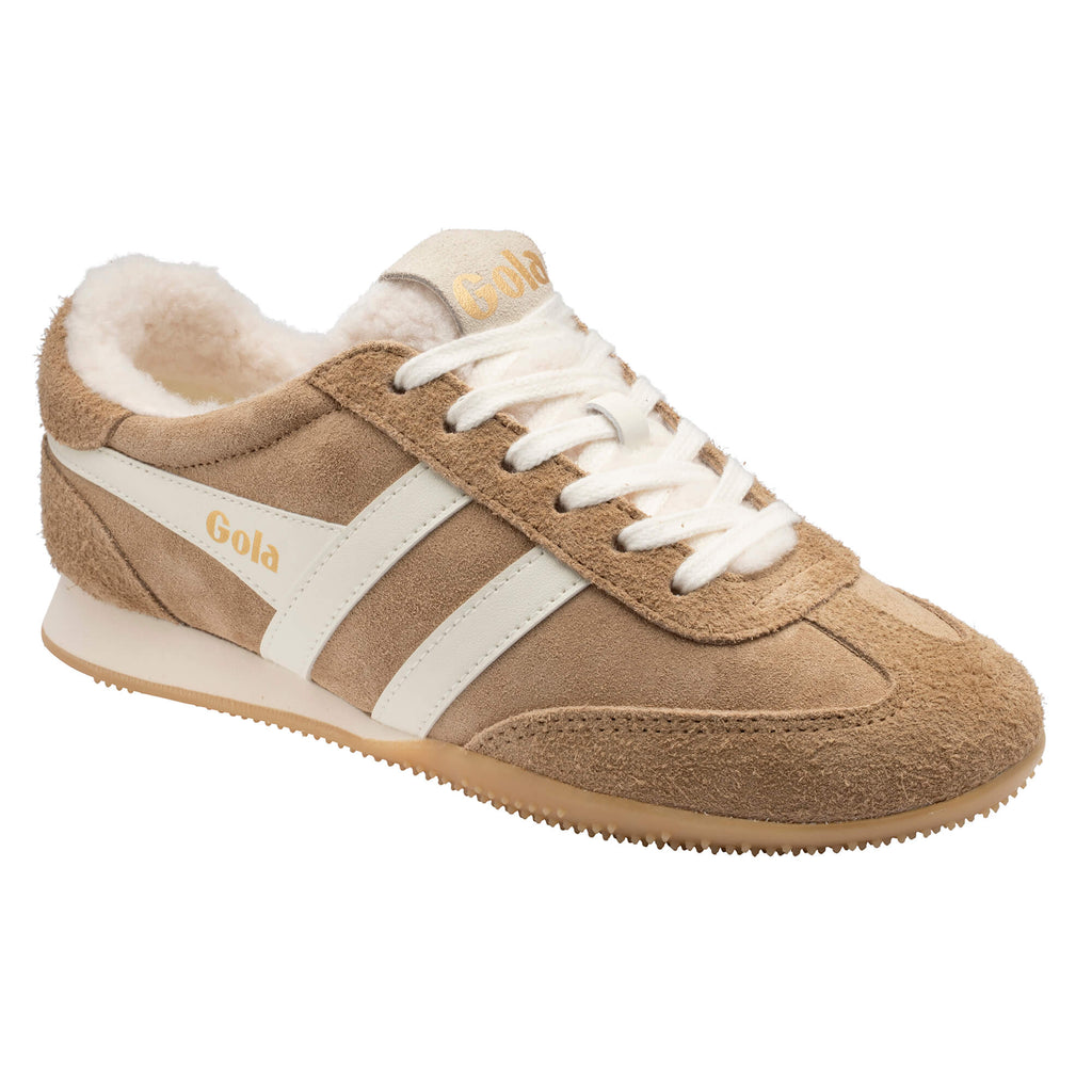 Gola women's trainer in tan suede with cream stripes and faux fur lining