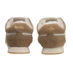 Rear view of two Gola trainers in brown suede with cream trim and gold Gola branding