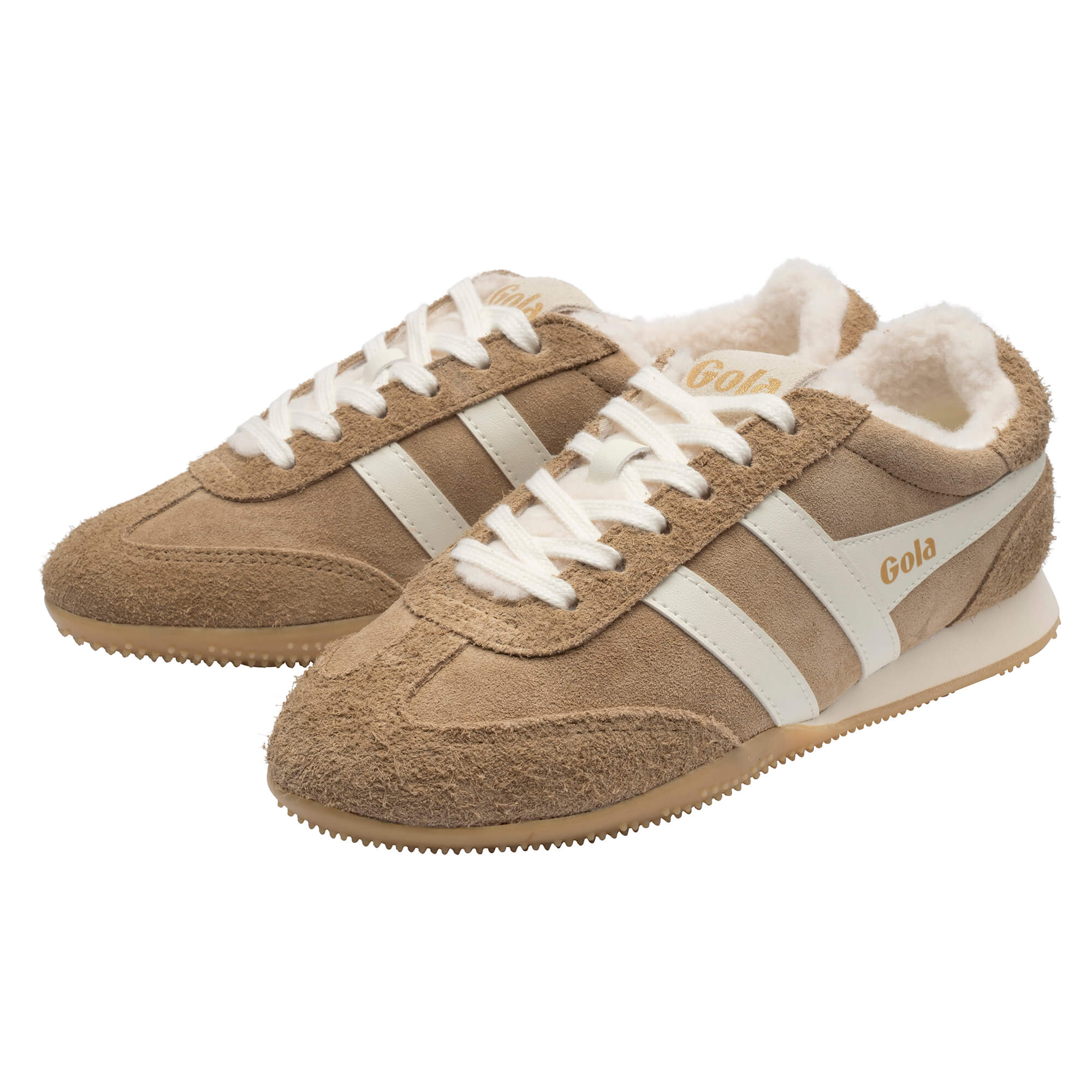 Pair of Gola Coaster trainers in tan suede with cream stripes and fleece lining