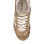 Gola Harrier suede trainers in tan with cream stripes and laces, top-down view