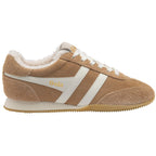 Gola women's trainer in tan suede with cream stripes and faux fur lining