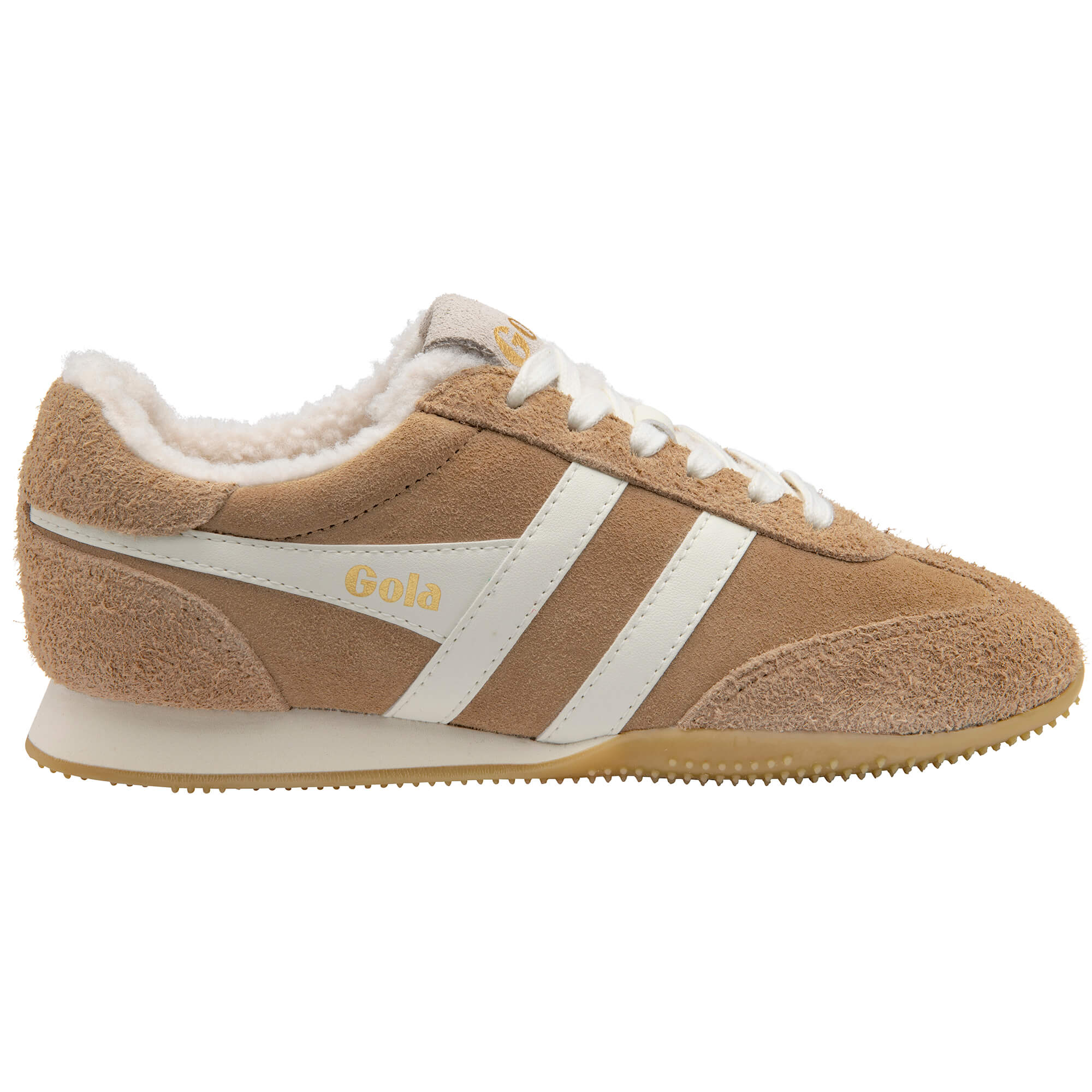 Gola women's trainer in tan suede with cream stripes and faux fur lining