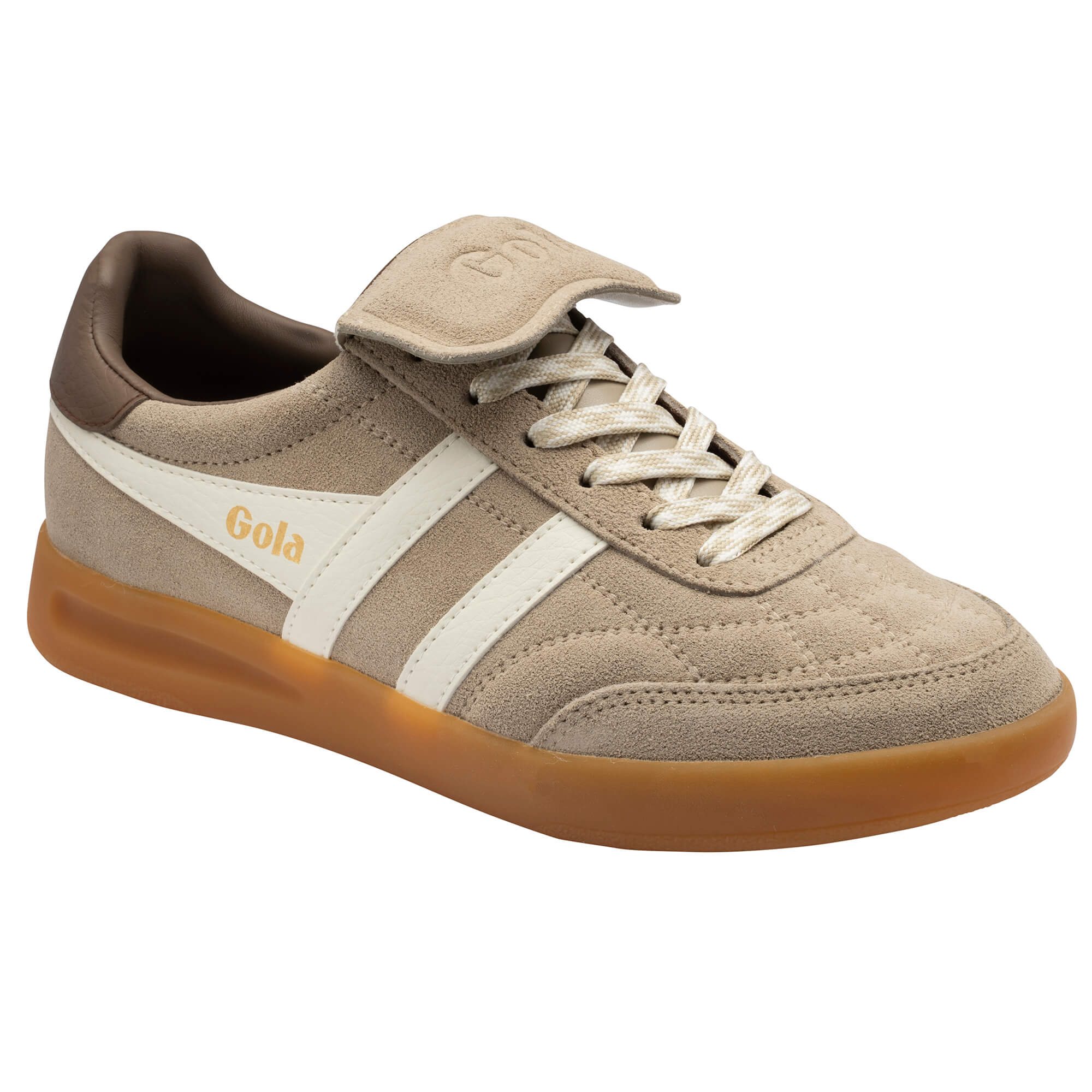 Gola Harrier suede trainer in beige with white stripes and a gum sole