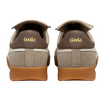 Pair of Gola trainers, back view, with brown heel tab and gold Gola logo