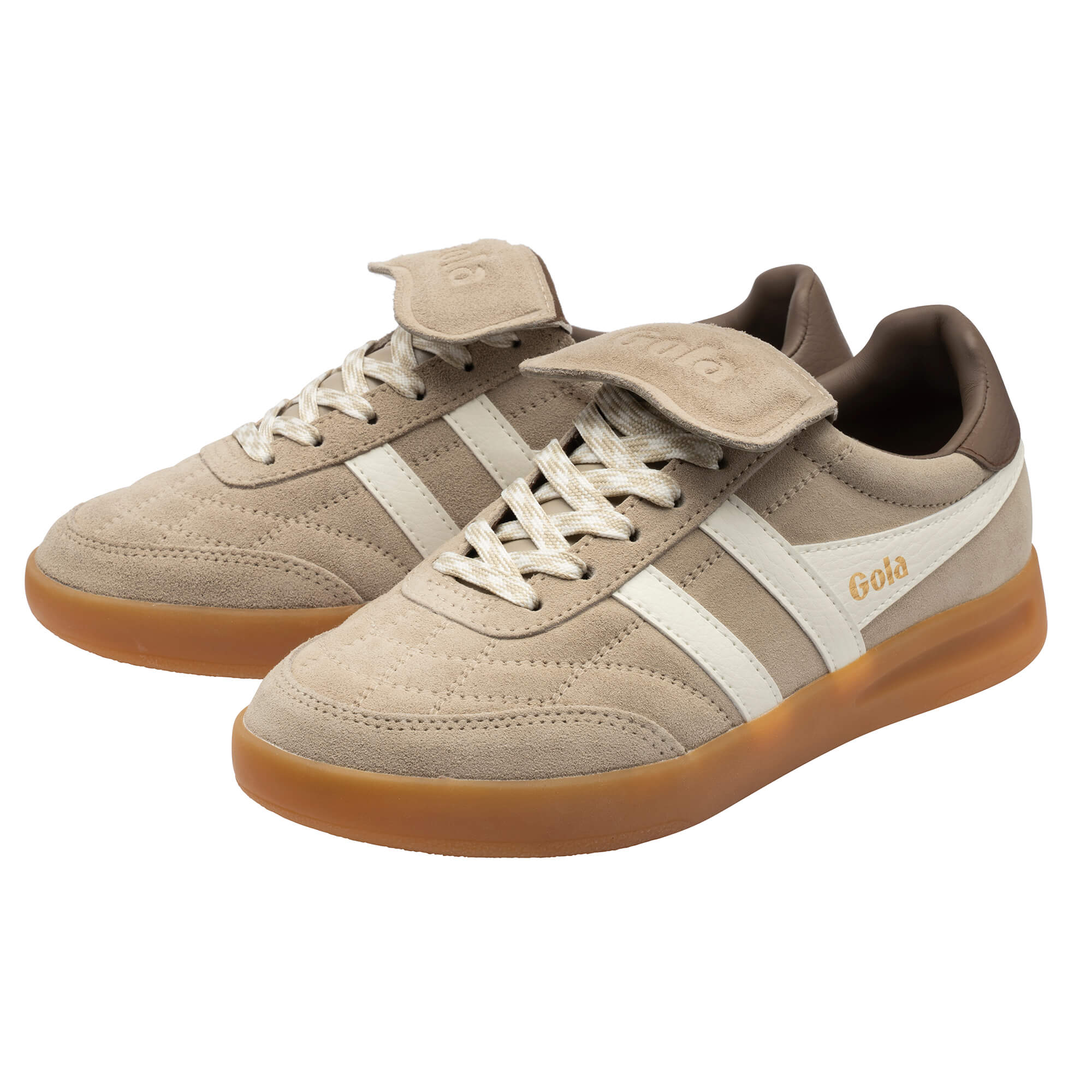 Pair of Gola Elan trainers in beige suede with white stripes and brown rubber soles