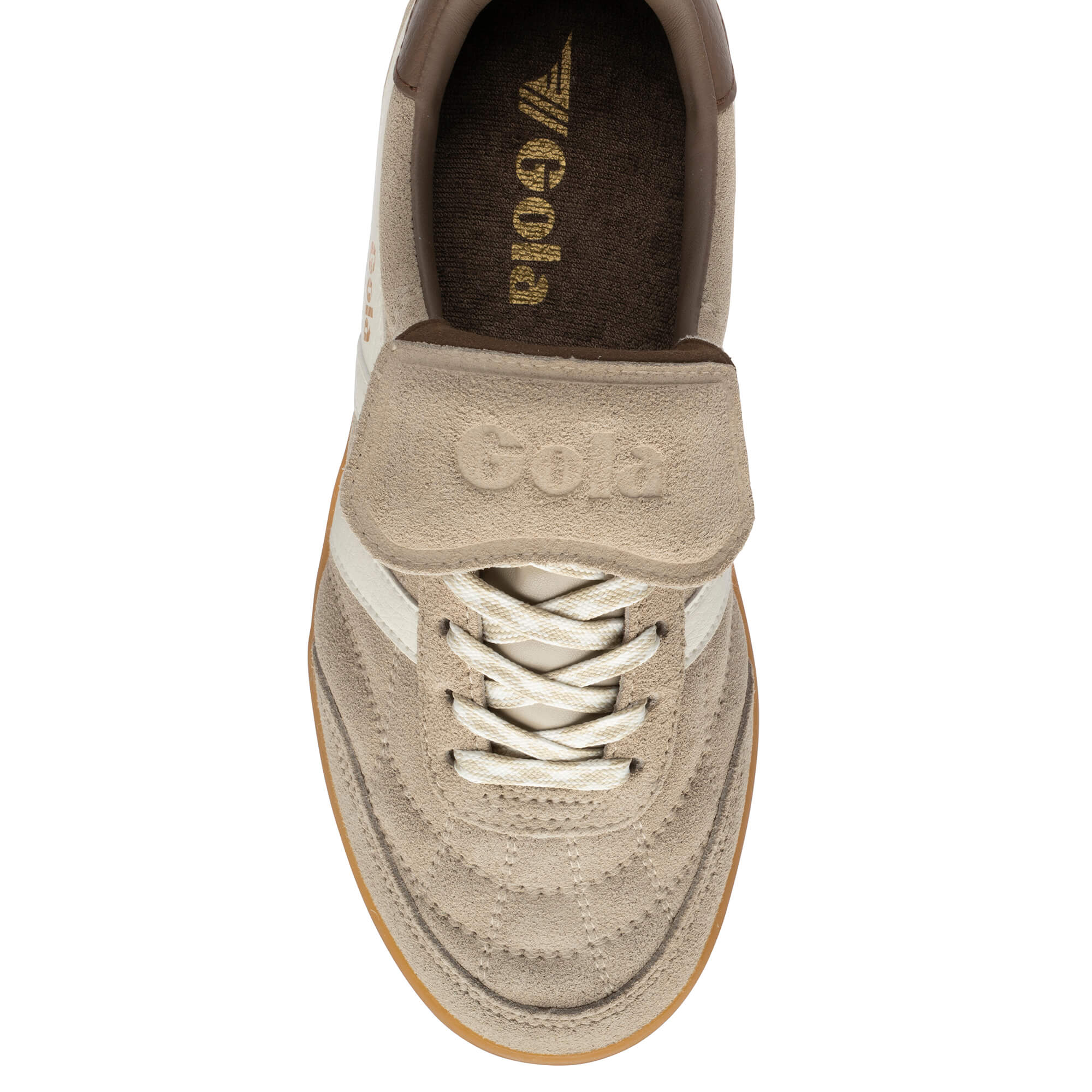 Top-down view of a Gola trainer in beige suede with white stripes and brown accents