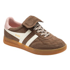 Brown Gola trainer with white stripes and pink inner lining