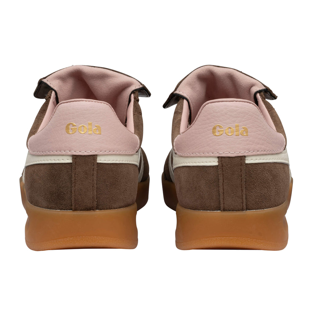 Rear view of two brown suede trainers with pink leather heel tabs and Gola branding