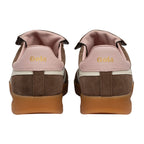 Rear view of two brown suede trainers with pink leather heel tabs and Gola branding