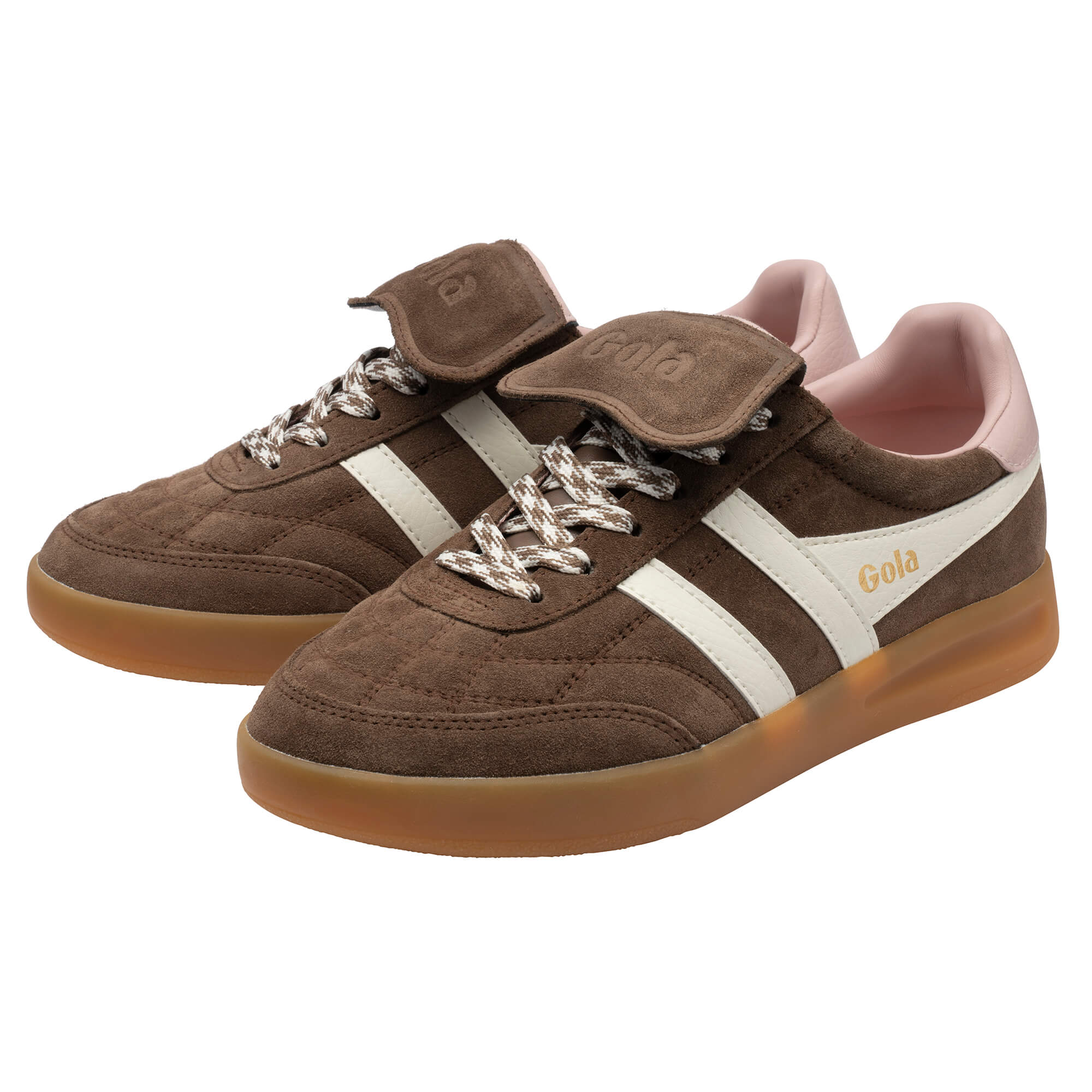 Pair of Gola Elan trainers in brown suede with white stripes and pink lining