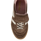 Brown suede Gola trainers with white stripes and laces