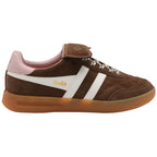 Brown suede Gola trainer with white stripes, pink trim, and a gum sole