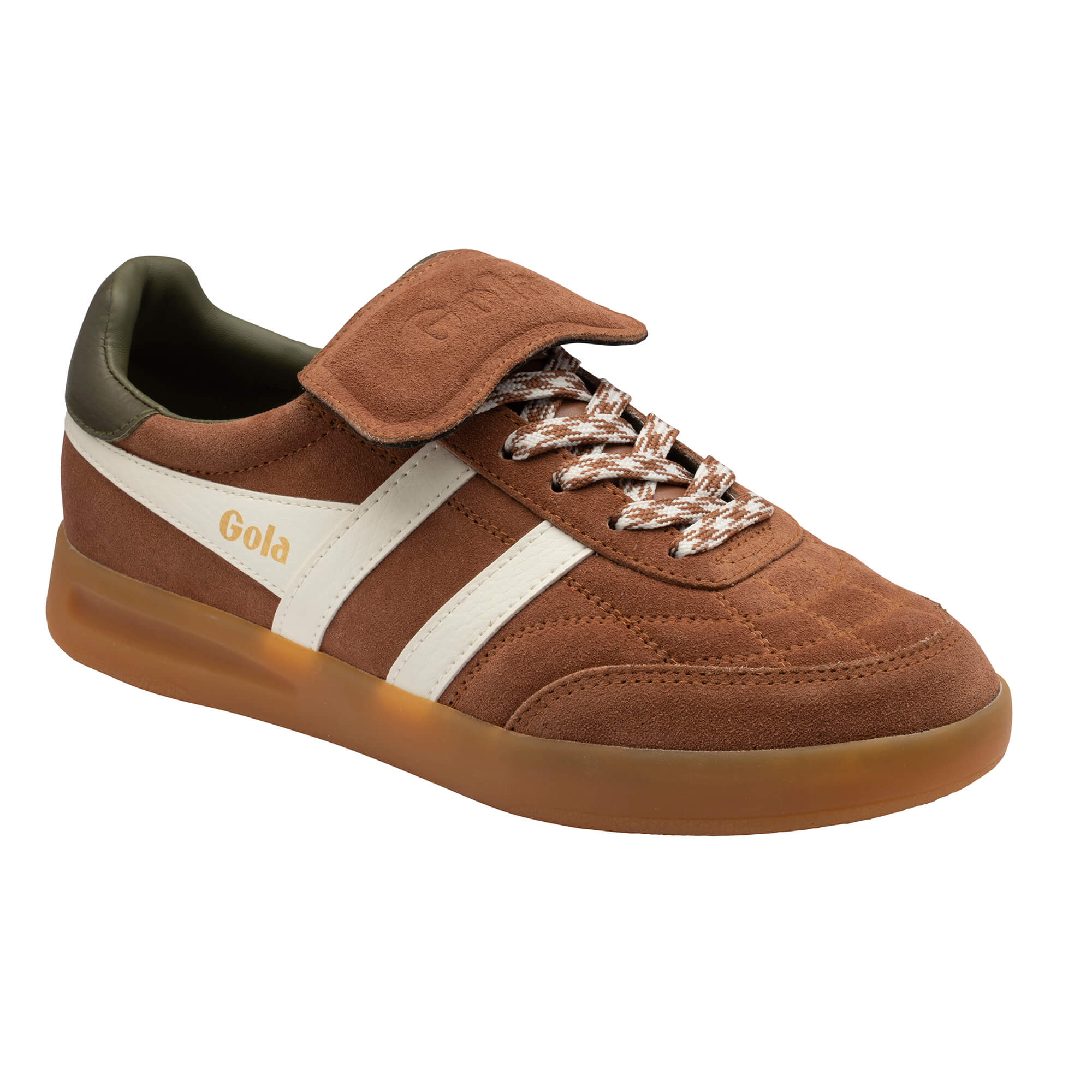 Brown Gola trainer with white stripes and a gum sole