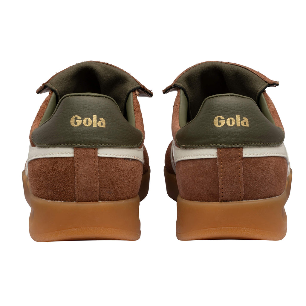 Pair of Gola trainers, brown suede with green heel tab and gum sole, rear view
