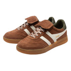 Pair of Gola Elan trainers in brown suede with white stripes and green lining