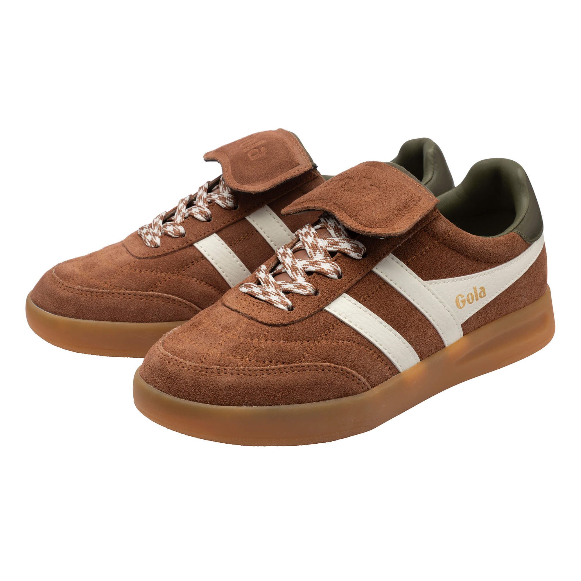 Pair of Gola Elan trainers in brown suede with white stripes and green lining