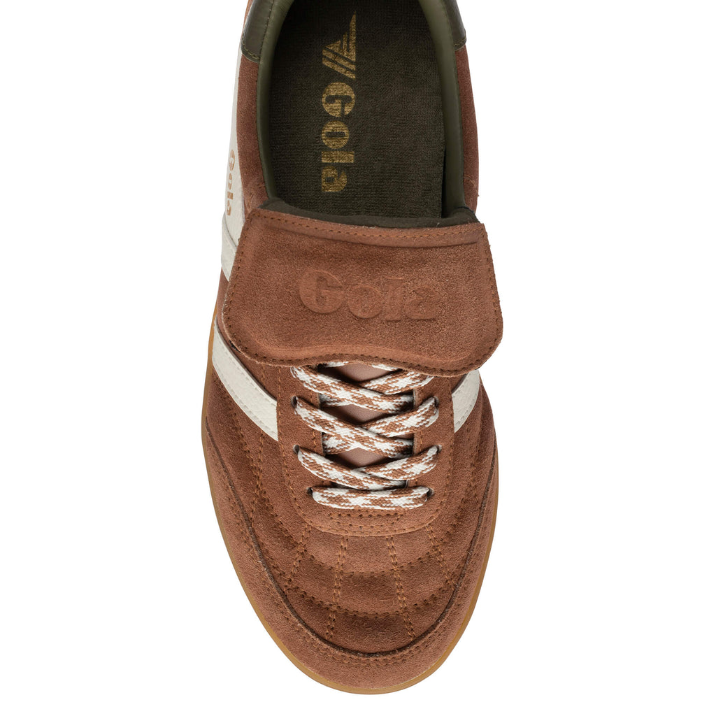 Brown suede trainer with white stripes and laces, top-down view