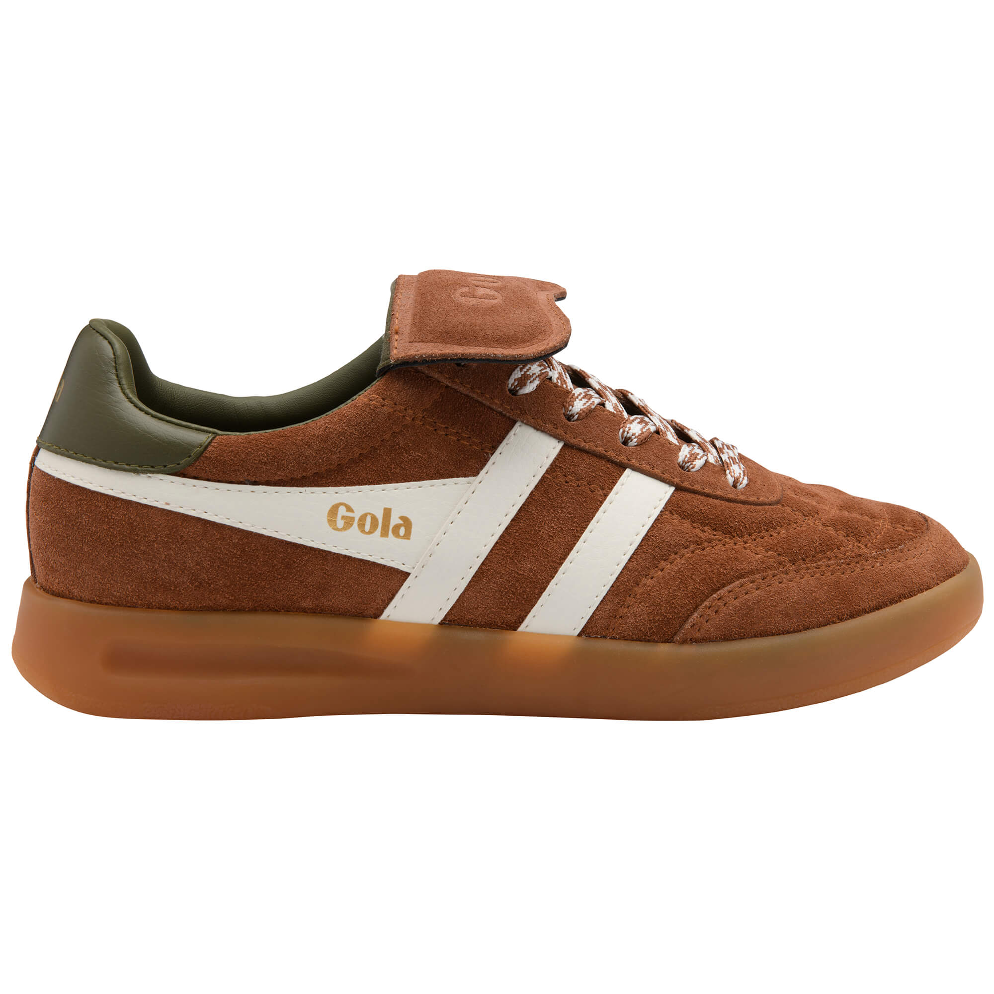 Gola men's low-top trainer in brown suede with white stripes and green trim