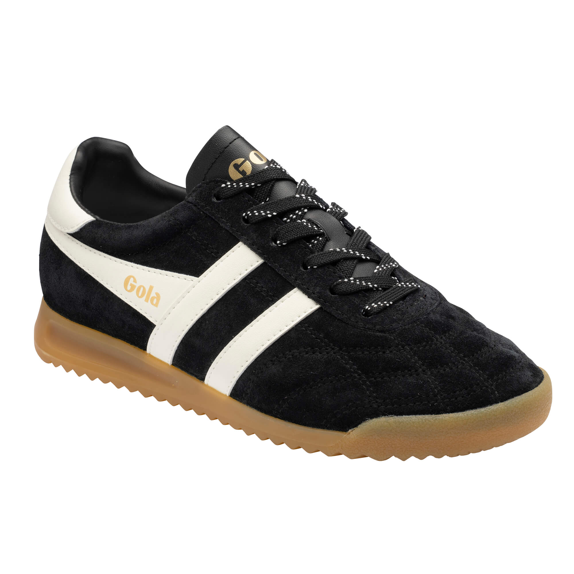 Black Gola trainer with white stripes and a gum sole
