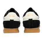 Pair of black Gola trainers with white heel tabs and gum soles, rear view