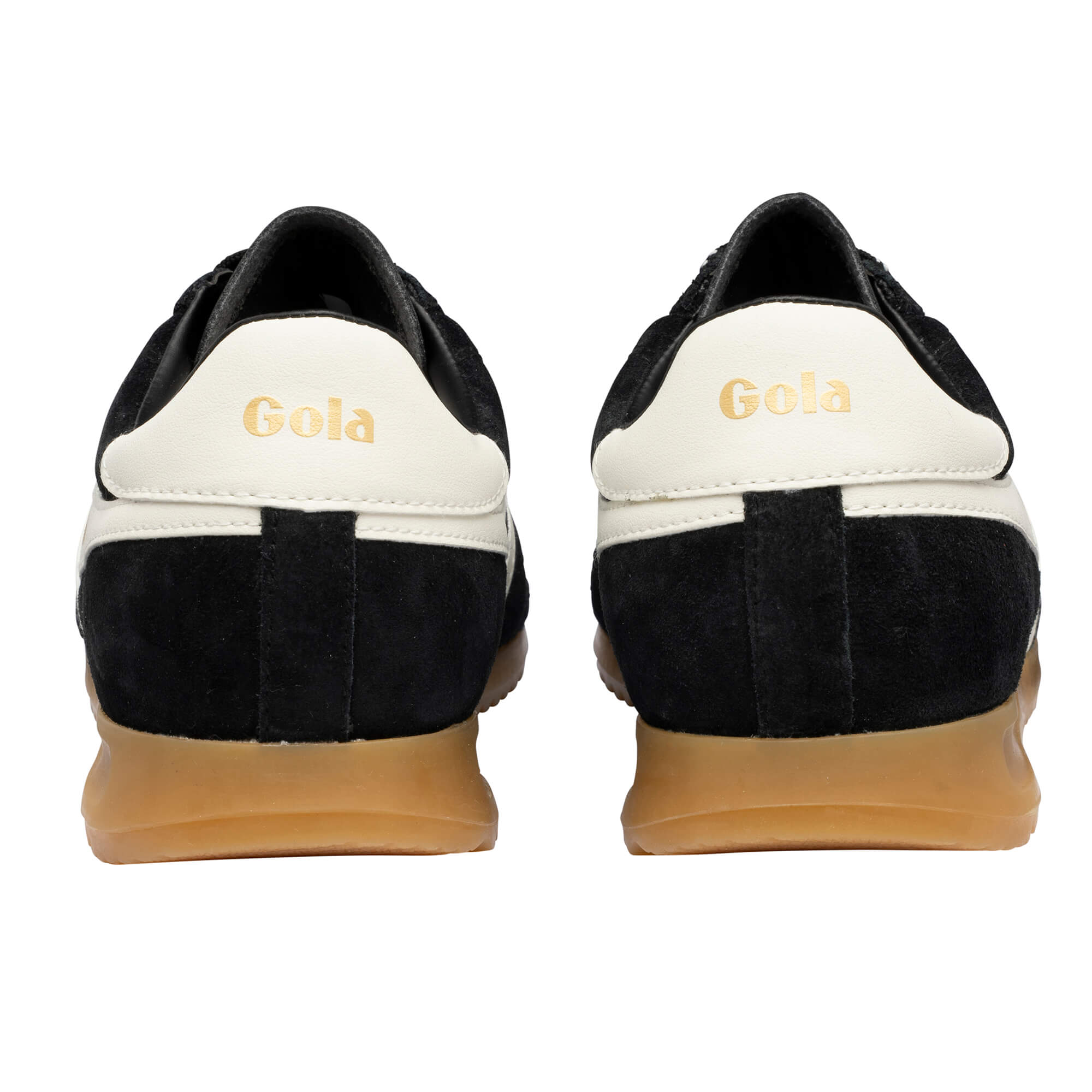 Pair of black Gola trainers with white heel tabs and gum soles, rear view