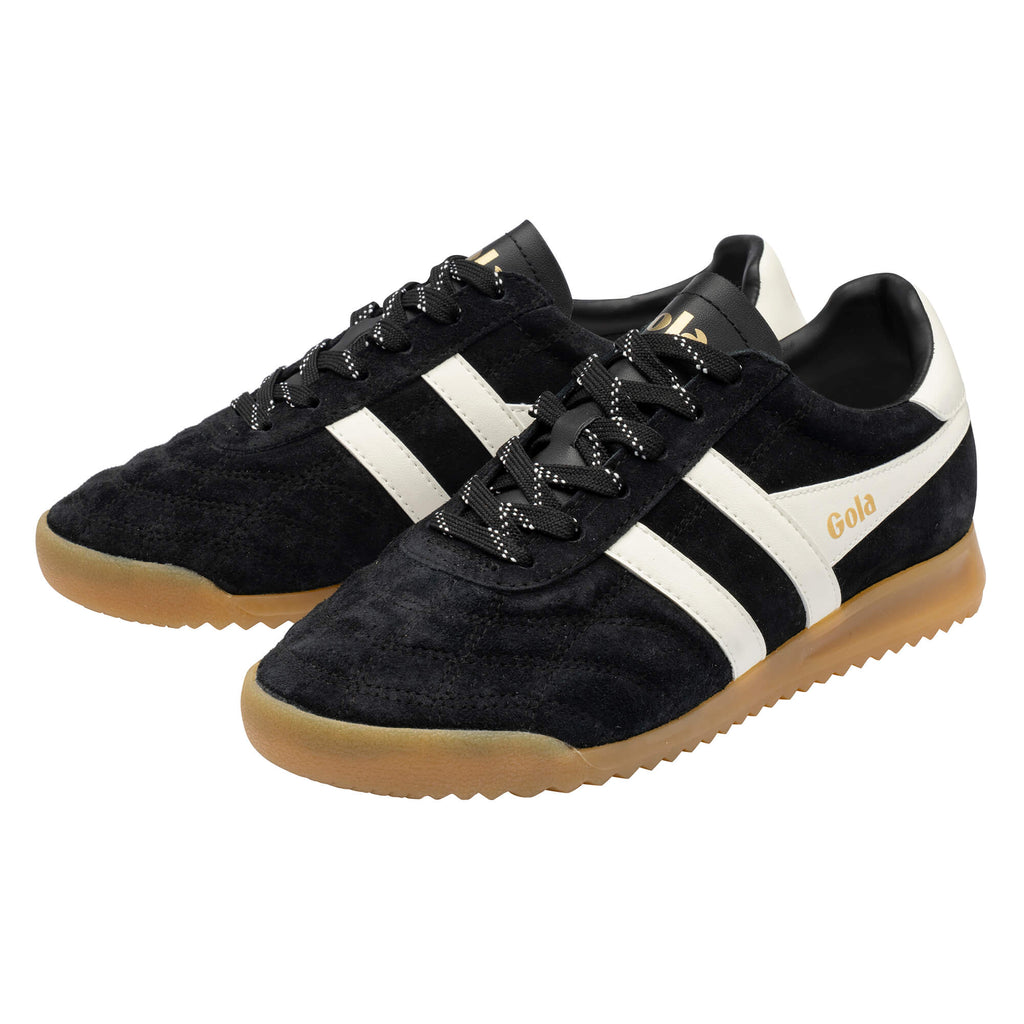 Pair of black suede Gola trainers with white stripes and gum soles