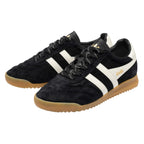 Pair of black suede Gola trainers with white stripes and gum soles