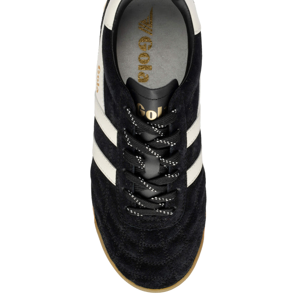 Black Gola trainer with white stripes and gold branding