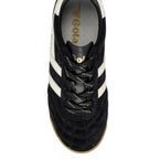 Black Gola trainer with white stripes and gold branding